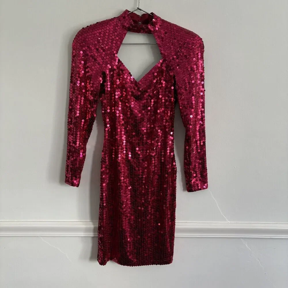 Vintage 80s NITELINE Size 4 Dress Dark Pink Sequins STRETCH Evening Party Club - Picture 1 of 12